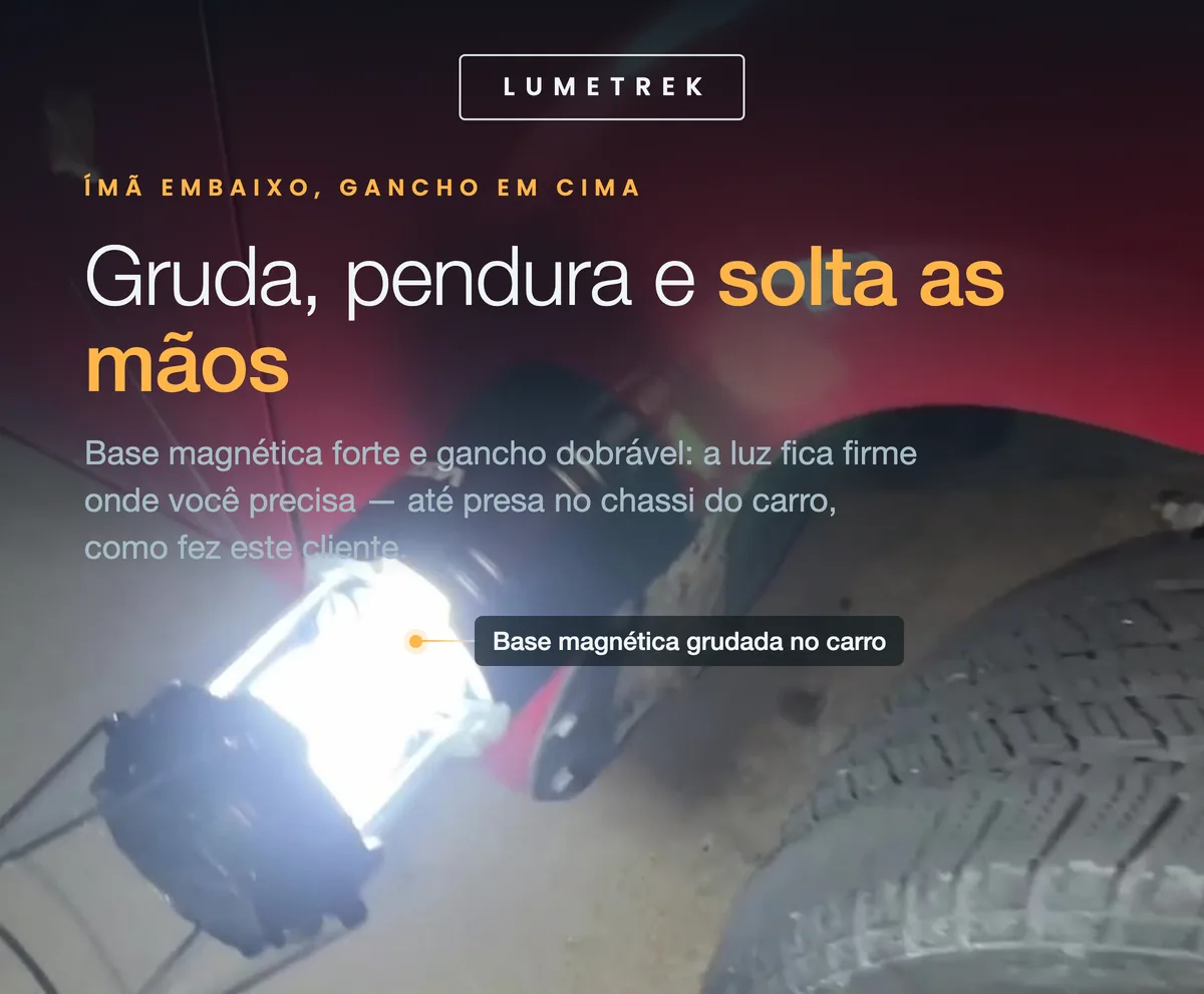 Base magnética e gancho dobrável: luz firme sem precisar segurar